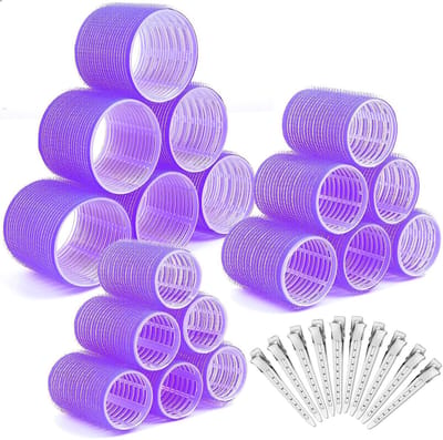 Krultangenset, 28-delige set, 18 hittevrije krultangen, 3 maten, 10 haarclips, geschikt voor alle haartypes. Paars.