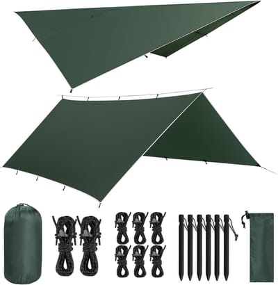 Ultralichte Waterdichte Tarp 3 x 4 m voor Kamperen met UV-bescherming, 8 Windtouwen en 6 Aluminium Haringen, Ideaal voor Buitenactiviteiten en Picknicks (Donkergroen)