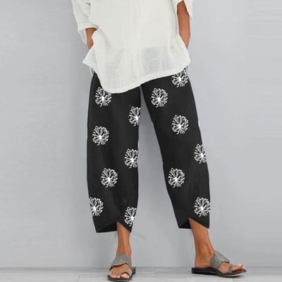 Vrouwen Vintage harembroek bloemenprint elastische taille plus size losse broek katoen linnen wijde pijpen broek losse zomerbroek XXL gray
