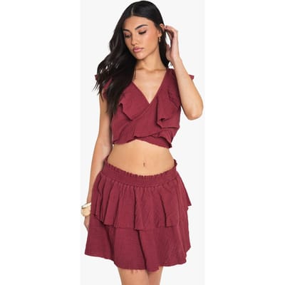boohoo Dames Cheesecloth Dubbele Laag Ruffle Rara Mini Rok | Red | Maat: 8
