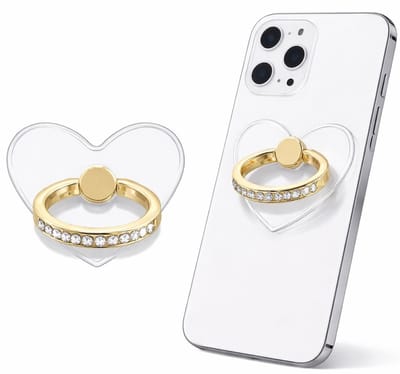 Transparante Telefoon Ring Houder Hart – Goud met Steentjes – 360° Draaibare Smartphone Ring & Standaard