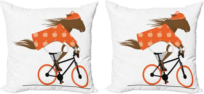 ABAKUHAUS Decoratieve kussenhoes met paard, set van 2, hipster op een fiets, 50x50 cm, bruin oranje zwart