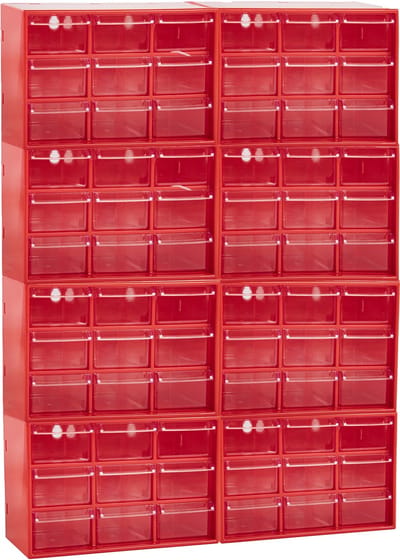 Plasticforte Sorteerbakjes spijkers/schroeven - 72x lades - 18.5 x 10 x 12 cm - opbergkastjes - ophangbaar - rood/transparant
