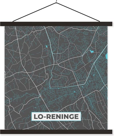 Posterhanger incl. Poster 60x60 cm - Schoolplaat - Kaart – Plattegrond – Stadskaart – Lo Reninge – België - Grijs - Textielposter - Zwarte latten - Stadskaart