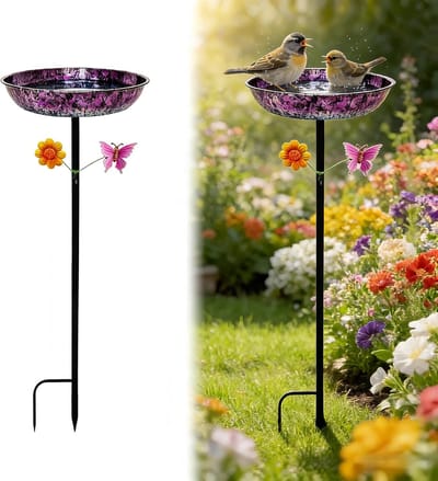Ulisem - Vogelbad - Metalen bad en voeder in één - 28 cm diameter - 86 cm hoogte - Paars - Tuindecoratie - Zelfstandig - Inclusief bloemaccessoire - Eenvoudig te monteren - Voor vogelminnaars