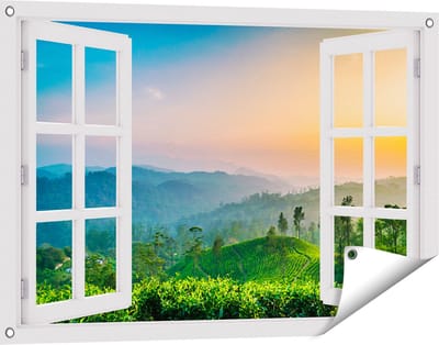 Gards Tuinposter Doorkijk Zonsondergang op een Thee Plantage - 90x60 cm - Tuindoek - Tuindecoratie - Wanddecoratie buiten - Tuinschilderij