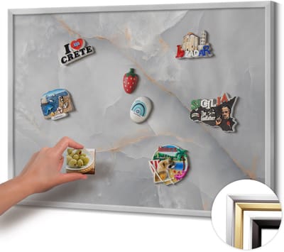Wallfluent - Grijs Magnetisch Bord met Kleurvariaties - 80 cm x 60 cm - Magneetbord met Zilveren Frame - Elegant decoratief marmer - Magnetisch Bord Foto Bevestiging - Magnetisch Bord Muurbevestiging - Design Magneetbord met Frame