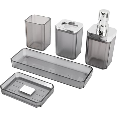 Ensemble d'accessoires de salle de bain Ensemble d'accessoires de bain avec porte-brosses à dents Gobelet Flacons à lotion Porte-savon Plateau gris