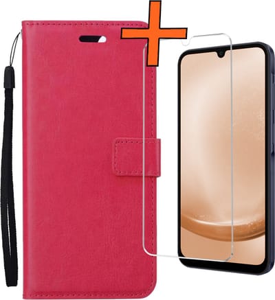 Hoes - Met Screenprotector - Geschikt voor Samsung Galaxy A25 - Luxe Pasjeshouder - Bookcase Portemonee - Flip Case - Kunstleer Book Case - Flipcase - Book Cover - Walletcase - PortemonneeHoes - Donkerroze