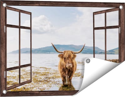 Gards Tuinposter Doorkijk Voetpad naar Strand en Zee - 60x40 cm - Tuindoek - Tuindecoratie - Wanddecoratie buiten - Tuinschilderij