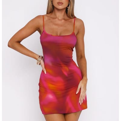 Dameskleding, Nieuwe Zomer Mouwloze Laag uitgesneden Slim Fit Sexy Bedrukte Jurk met Spaghettibandjes, Heupomsluitende Rok L rood