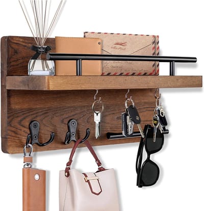 SensaHome - Sleutelhouder 7-Haaks met Legplank en Hangrail - Met Wandhaken - Hangende Design Muurkapstok - Landelijk - Klassiek - Hout