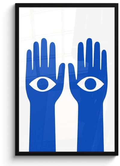 Poster in lijst - Fotolijst 60x90 cm - Posters - Handen - Twee - Ogen - Blauw - Posterlijst zwart - Decoratie - Wanddecoratie woonkamer - Muurdecoratie slaapkamer