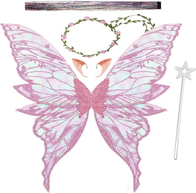 Vleermuisvormige feeënvleugels voor volwassenen en kinderen met elfenoortjes, geschikt voor verjaardagsfeesten, carnaval en cosplay, roze kleur