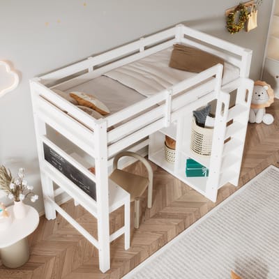MODENUIT Hoogslaper 90x200 cm – Met Bureau, Krijtbord, Open Kast en Planken – Met Veiligheidshek – Hout – Zonder matras – Wit