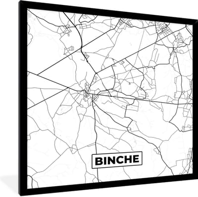 Fotolijst incl. Poster Zwart Wit- Zwart Wit – België – Plattegrond – Stadskaart – Kaart – Binche - 40x40 cm - Posterlijst
