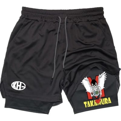 Anime Boksen Heren Twee-in-één Dubbellaags Sportshorts voor Zomer Nieuwe Fake Tweedelige Sport Casual Middenbroek 2XL black