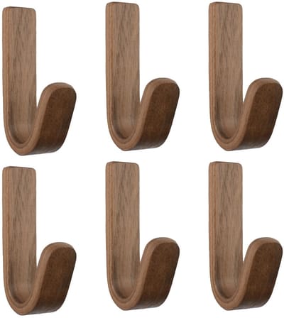 Dailygoods- Wandhaak 6 Stuks - Zelfklevende Wandhaken - Walnoot Kapstokhaken - Rubberhouten Haak - Zware Wandmontage - Hoogwaardig Materiaal