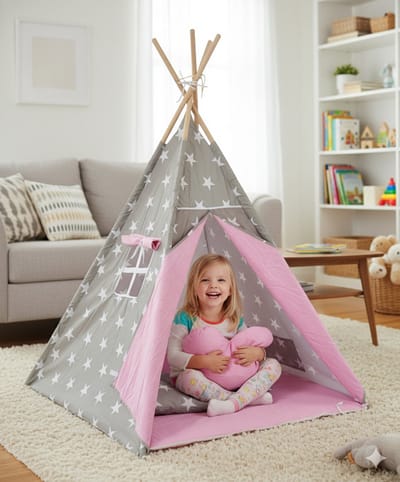 Speeltent - Tipi Tent - Met Grondkleed & Kussens - Speelhuisje - Tent voor kinderen - Grijs-Roze