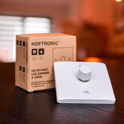 HOFTRONIC UK LED dimmer met draaiknop - 3-160W - Ondersteunt Two-way-1-gang (wisselschakeling) - Fase-aan- en afsnijding - Voor Britse wanddozen -