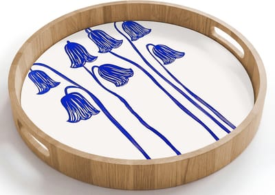 Dienblad rond 40x40 cm - Schootdienblad hout - Bloemen - Blauw - Lijnen - Bloemblaadjes - Borrelplank rechthoek - Plateau houten dienbladen
