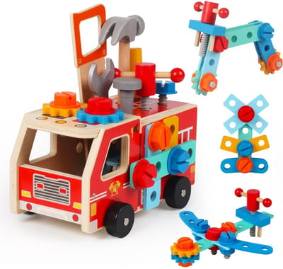 Gereedschapset voor peuters, 32-delige houten brandweerwagen speelgoedset, Montessori gereedschapskist voor Kinderen, speelgoedset voor fantasiespel, houten constructiespeelgoed, educatief speelgoed, verjaardagscadeau voor jongens en meisjes