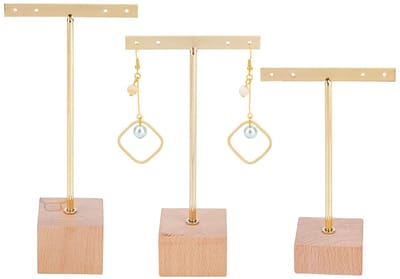 SPHProducts - T Bar Earring Display Stand - Sieradenhouder - Goud - Houten Basis - Oorbellenhouder - Perfect voor Winkels en Fotografie