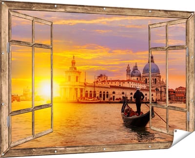 Gards Tuinposter Doorkijk Gondel in Venetië voor het Basiliek - 180x120 cm - Tuindoek - Tuindecoratie - Wanddecoratie buiten - Tuinschilderij