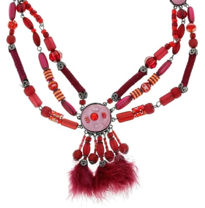 Behave - Bordeaux Ketting Met Veren Dames - Bohemian Avondstijl