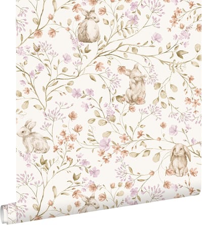 ESTAhome behang toile de jouy konijnen lichtpaars, groen en beige - 0.53 x 10.05 m - 131703