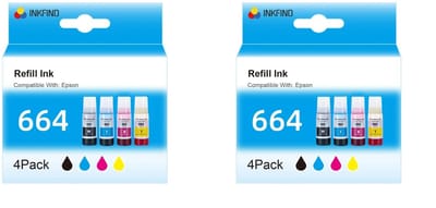 INKFIND 664 inkt geschikt voor Epson664 Epson 664 Epson T664 Epson6641 Epson6642 6641 T6642 T6643 6644 (8 stuks multipack) voor Epson L100/L200/L110/L130/L210/L220/L300/L350/L355/L555 EcoTank ET-14000 ET-2500 ET-2550 ET-2600 ET-2650 ET-4500 L355 L555