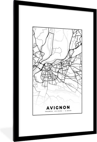 Fotolijst incl. Poster Zwart Wit- Stadskaart - Frankrijk - Kaart - Plattegrond - Avignon - Zwart wit - 80x120 cm - Posterlijst