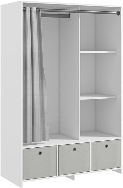HOMCOM kledingkast, garderobekast met gordijn, kledingkast slaapkamer, kledingbeschermer met rail, 3 vakken en 3 uitneembare stoffen laden - 105x48 x cm, Wit