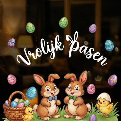 Raamstickers vrolijk Pasen herbruikbaar in waterverf stijl – Large formaat 70cm breed