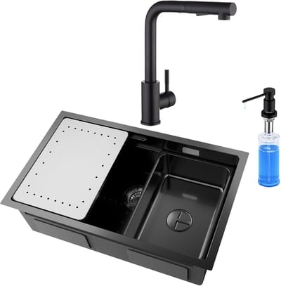 CECIPA max Spoelbak Antraciet 70x44CM - Spoelbak Keuken Met Keukenkraan en Zeepdispenser 300ML - Multifunctionele Spoelbak - Spoelbak Met Afdruiprek - Spoelbakken Keuken - Wasbak Keuken - RVS