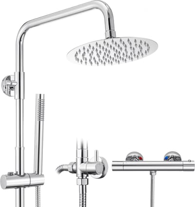 Auralum Max Douchesysteem met Thermostaatkraan - Doucheset - Regendouche en Handdouche - Rond Douchekop - Verstelbare Hoogte - Waterbesparend - Chroom