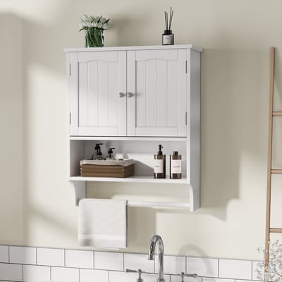 Wishdor - Badkamer Wandkast - Met Handdoekhouder, Open En Gesloten Opbergruimte En Verstelbare Planken - Modern Ontwerp - Voor Badkamer - MDF Met Waterbestendige Afwerking - Wit - 56,8 X 19 X 70 Cm