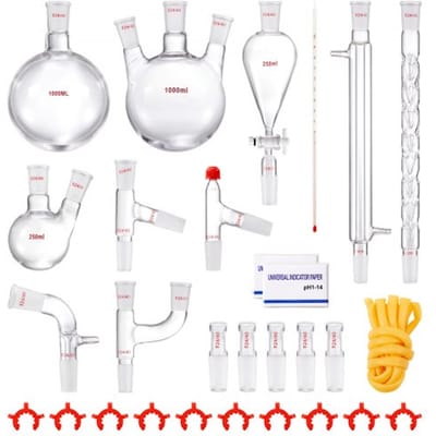 VEVOR Lab-destillatiekit, 3,3 Boron Lab-glasdestillatiekit met 24 en 40 verbindingen, 1000 ml destillatie-apparaatset voor essentiële oliën, 29-delige glaswerkset