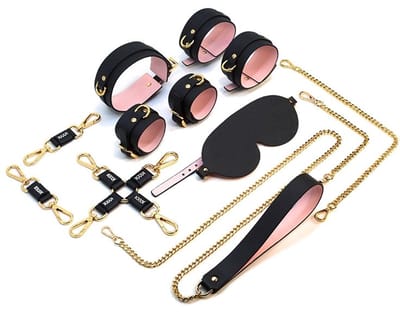 Nooitmeersaai - Bondageset met boeien, masker, halsband - PU leer - Zwart/roze - 6-delig