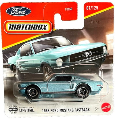 MATCHBOX 1968 FORD MUSTANG FASTBACK METALIC BLEU 67/125 METAL (1:64) SHORT CARD