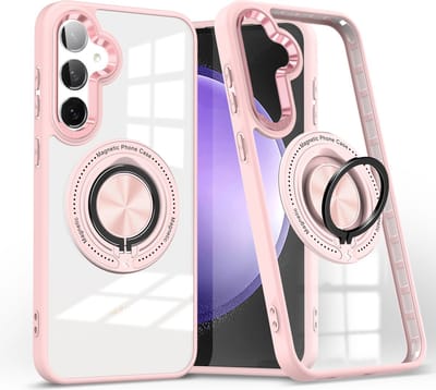 Magsafe Hoesje Geschikt voor Samsung Galaxy S24 FE hoesje Transparant Rose Goud - Met kickstand Draaibare Ring Houder