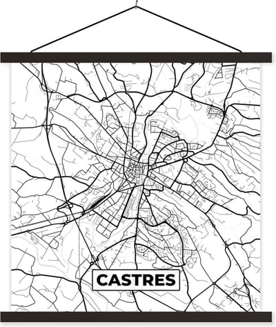 Posterhanger incl. Poster 60x60 cm - Schoolplaat - Frankrijk - Castres - Kaart - Plattegrond - Stadskaart - Zwart wit - Textielposter - Zwarte latten - Stadskaart