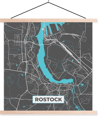 Posterhanger incl. Poster 40x40 cm - Schoolplaat - Blauw – Duitsland – Plattegrond – Stadskaart – Kaart – Rostock - Textielposter - Blanke latten - Stadskaart