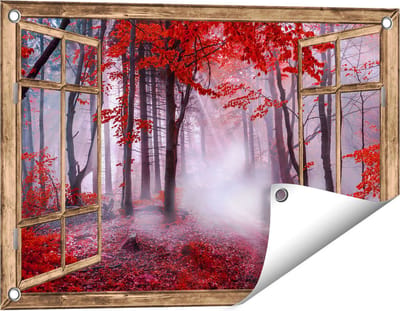 Gards Tuinposter Doorkijk Rood Bos met Bomen - 60x40 cm - Tuindoek - Tuindecoratie - Wanddecoratie buiten - Tuinschilderij