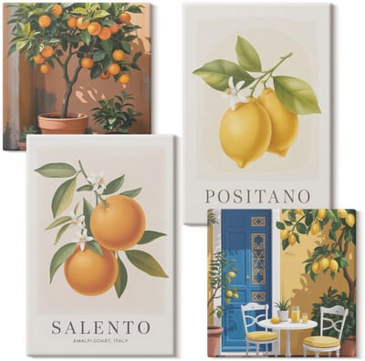 Wallfluent Set van canvas schilderijen - Citroenen en sinaasappelen, een stad aan de Italiaanse Amalfikust Canvas Schilderijen Set - Set van 4 Canvas Schilderijen - Geel Set van Canvas Prints - Natuur Canvas Kunst Set - Boheemse Canvas Kunst Set