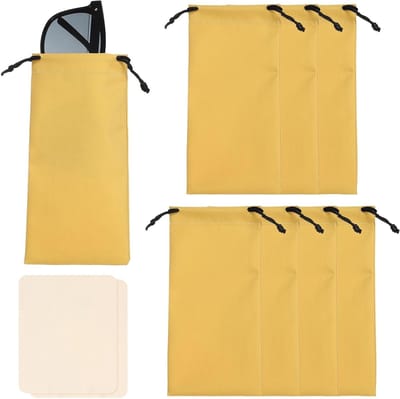 8 Stuks Draagbare Brillenkokers van Polyester met Trekkoord en 2 Gele Doeken voor Zonnebrillen - 18 x 8 cm