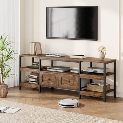 Extra Breed Industrieel TV-Meubel - 200 cm - Voor TV's tot 85 inch - TV-Kast met 2 Stoffen Lades en Open Planken - Rustiek Bruin / Zwart