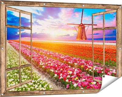 Gards Tuinposter Doorkijk Kleurrijke Bloemenveld met een Windmolen - 120x80 cm - Tuindoek - Tuindecoratie - Wanddecoratie buiten - Tuinschilderij