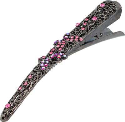 Haarsoires Haarspeld Duckklem 13cm – Vlindervorm Opengewerkt met Steentjes – Zwart Roze - Sterke Haarclip voor Styling & Dagelijks Gebruik - Hair Clip - Decoratieve Haaraccessoire
