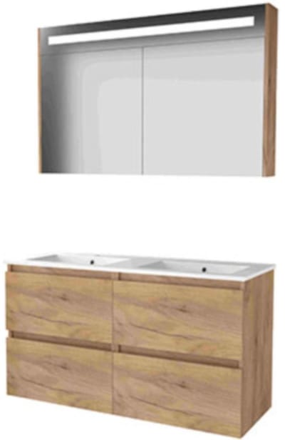 Basic-Line Premium 46 Badkamermeubelset - 120 x 46 cm - Greeploos - 4 Lades - Keramische Wastafel - 2 Kraangaten - Spiegelkast met LED Verlichting - Whisky Oak